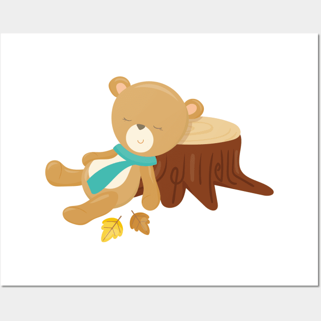 Autumn Bear, Cute Bear, Sleeping Bear, Tree Stump Wall Art by Jelena Dunčević